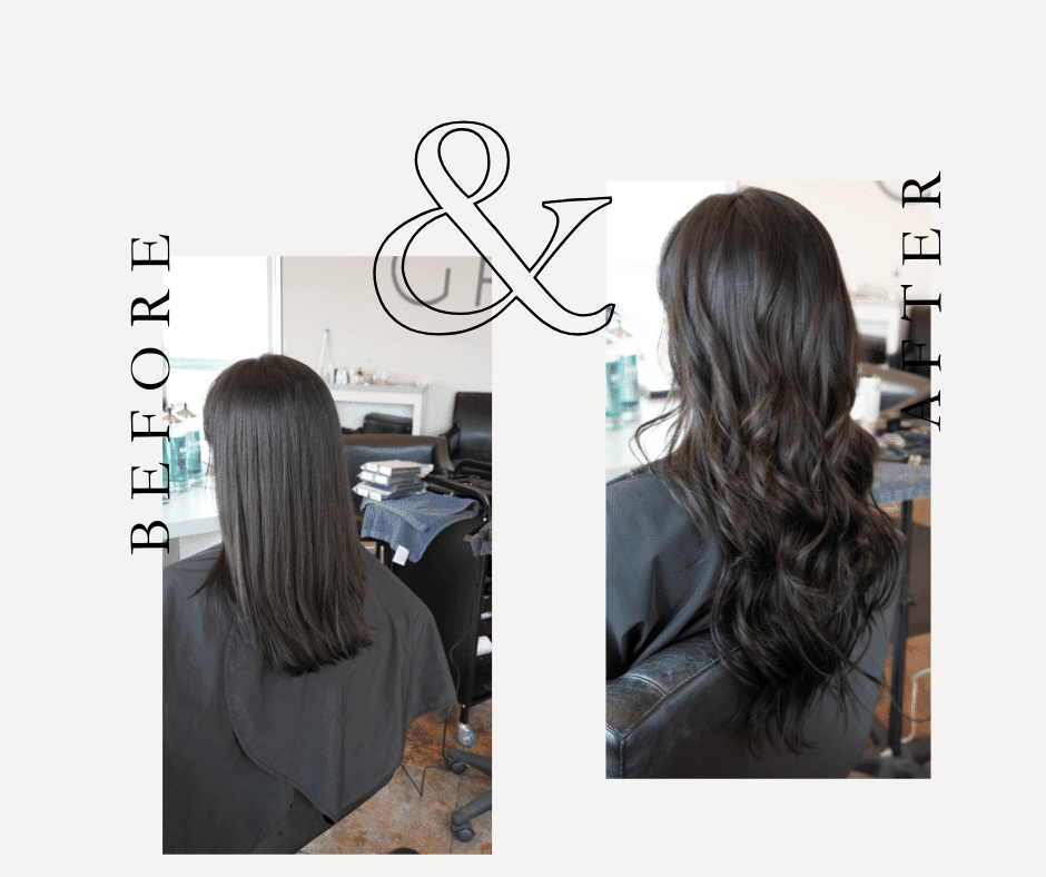 Before and after comparison of a haircut, showing straight to wavy transformation.