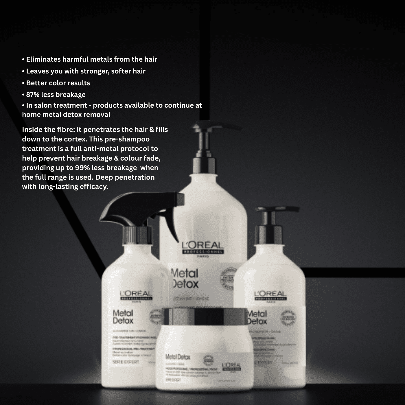 L'Oréal Metal Detox hair treatment bottles with benefits listed, including color protection.