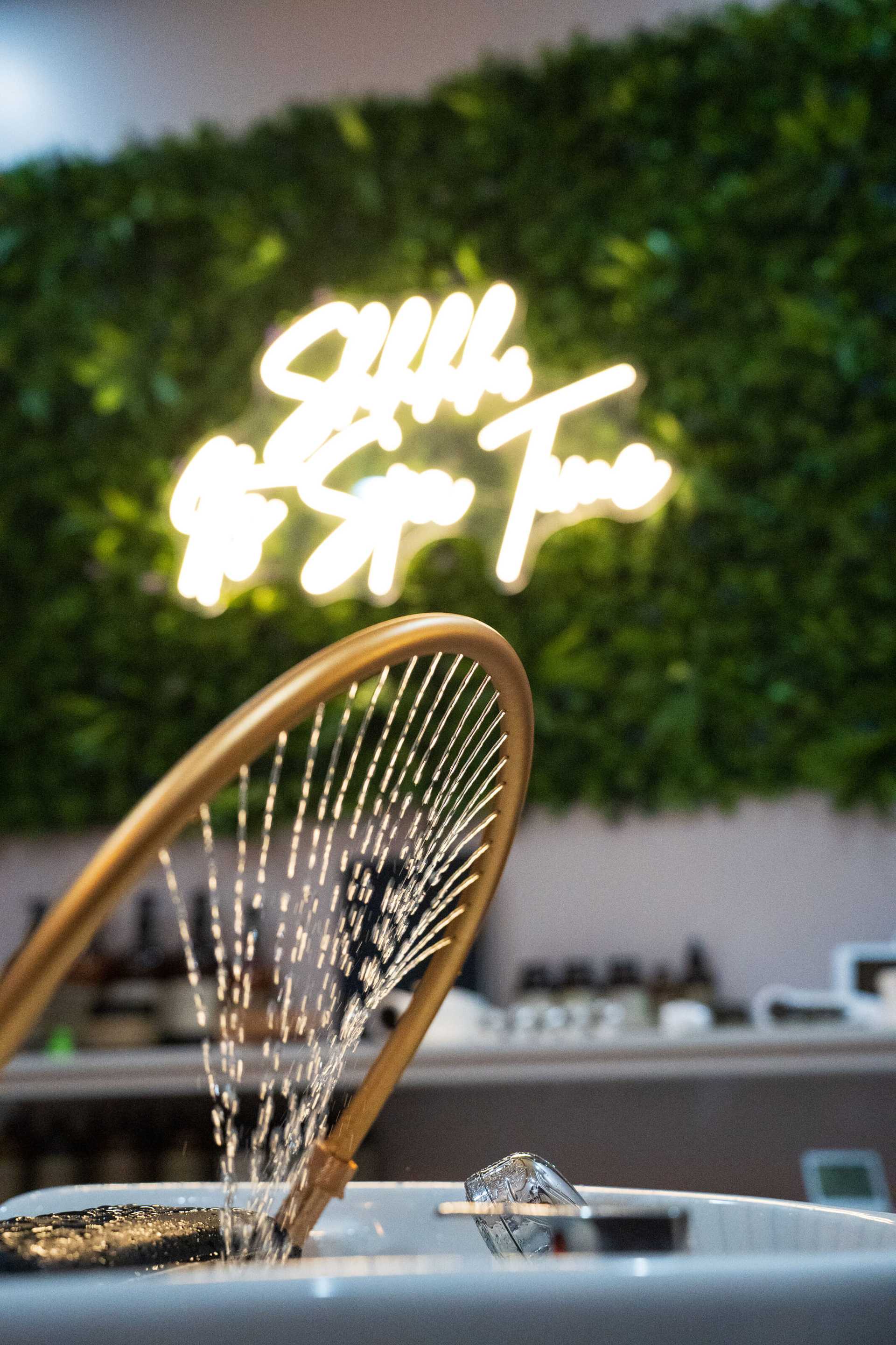 Luxurious spa interior with modern fountain and lush green wall.